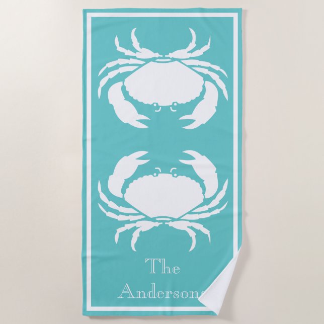 Nautical design with White Crab on Teal Blue Beach Towel (Front)