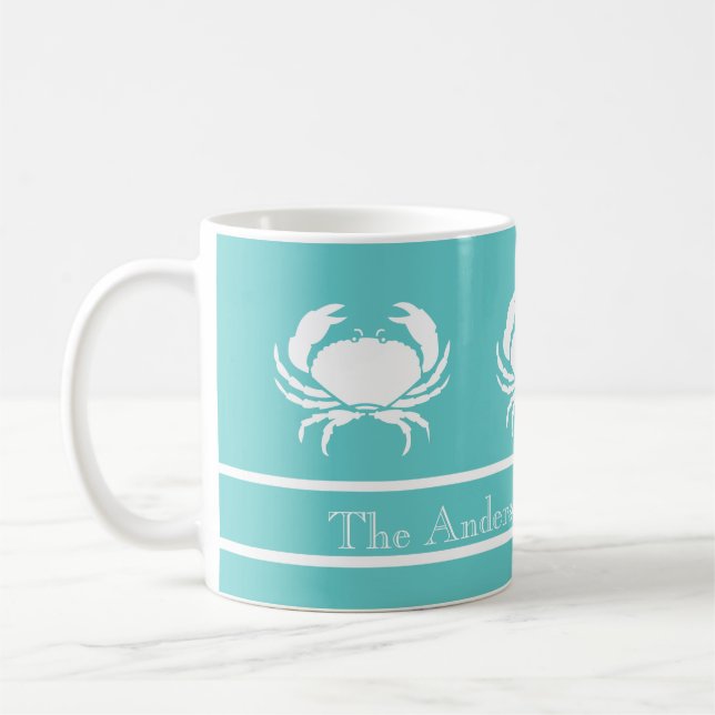 Nautical design with White Crab on Teal Blue Coffee Mug (Left)