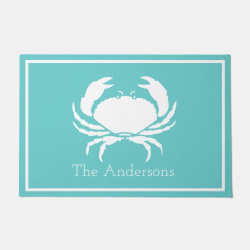 Nautical design with White Crab on Teal Blue Doormat