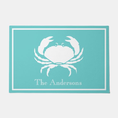 Nautical design with White Crab on Teal Blue Doormat