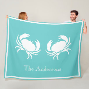 Nautical design with White Crab on Teal Blue Fleece Blanket