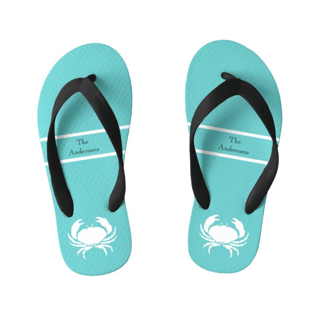 Nautical design with White Crab on Teal Blue Kid's Flip Flops (Footbed)
