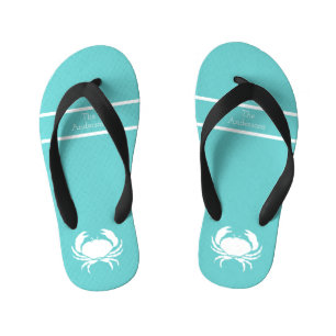 Nautical design with White Crab on Teal Blue Kid's Flip Flops