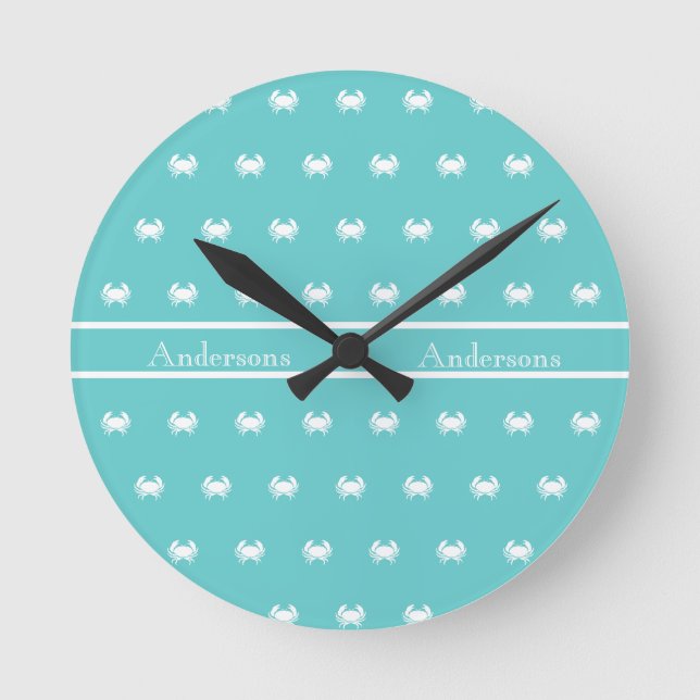 Nautical design with White Crab on Teal Blue Round Clock (Front)