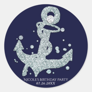 Nautical Diamond Anchor Bling Glam Beach Party Classic Round Sticker