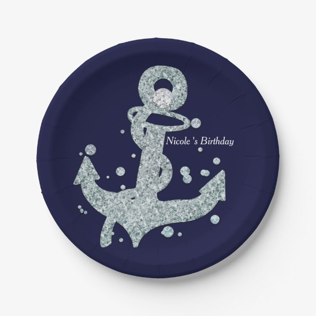 Nautical Diamond Anchor Bling Glam Beach Party Paper Plates (Front)
