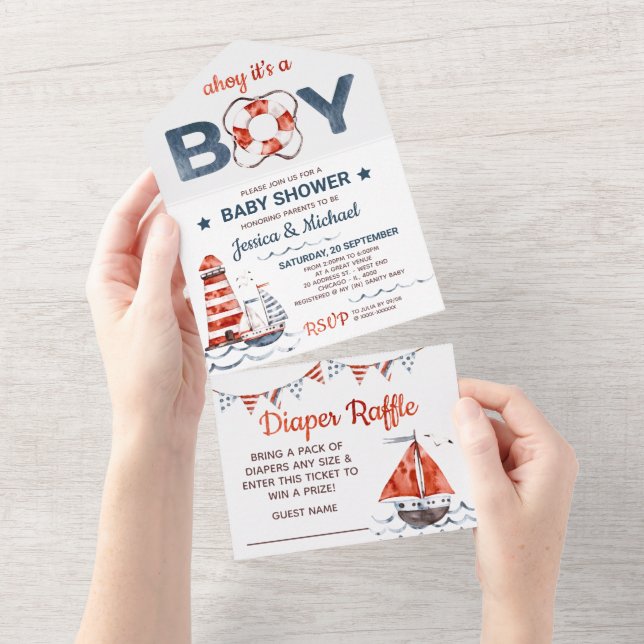Nautical Diaper Raffle and Baby Shower All In One Invitation (Tearaway)