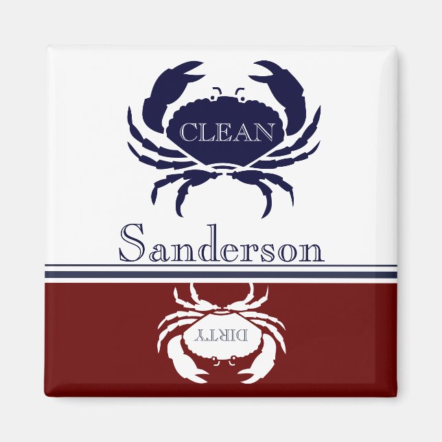 Nautical Dishwasher Clean Burgundy Navy Blue Crab Magnet (Front)