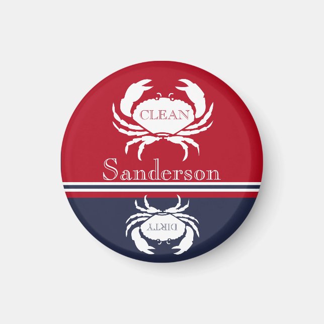 Nautical Dishwasher Clean Red Navy Blue Crab  Magnet (Front)
