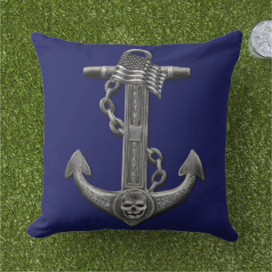 Nautical distressed US anchor skull flag Outdoor Pillow