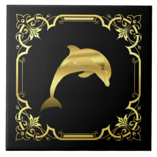 Nautical dolphin jumping silhouette/gold/black ceramic tile