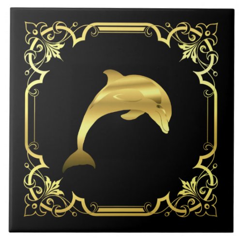 Nautical dolphin jumping silhouettegoldblack ceramic tile