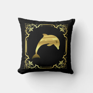 Nautical dolphin jumping silhouette/gold/black throw pillow