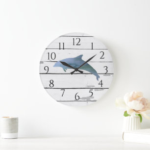 Nautical Dolphin Shiplap Beach Rustic Decor Large Clock