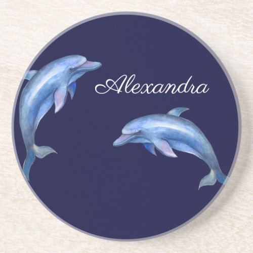 Nautical Dolphin Watercolor Navy Blue Coastal Coaster