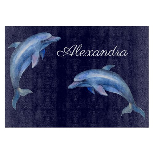 Nautical Dolphin Watercolor Navy Blue Coastal Cutting Board