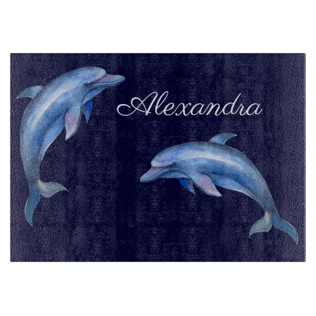 Nautical Dolphin Watercolor Navy Blue Coastal Cutting Board (Front)