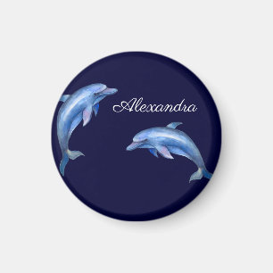 Nautical Dolphin Watercolor Navy Blue Coastal Magnet