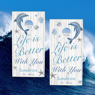Nautical Dolphin Wedding Life is Better With You Cornhole Set