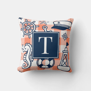 Nautical Doodles – Coral & Navy Gingham Monogram Throw Pillow