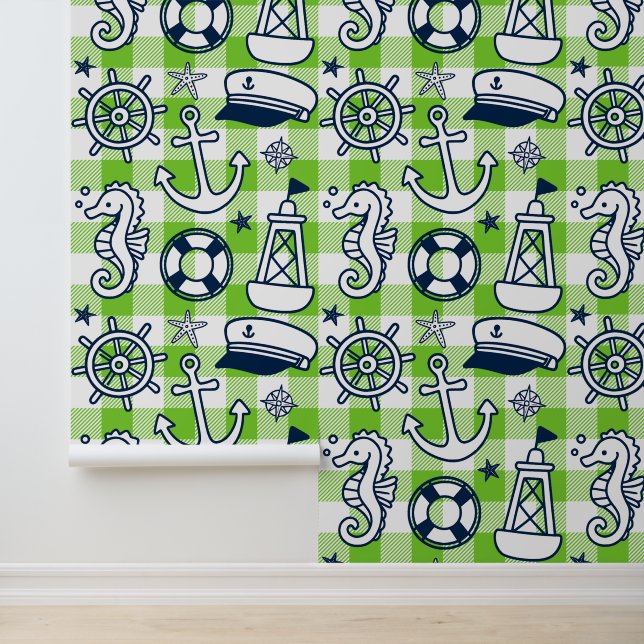 Nautical Doodles – Lime & Navy Coastal Gingham Wallpaper (Application)