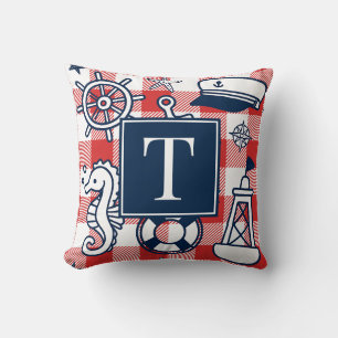 Nautical Doodles – Red & Navy Gingham Monogram Throw Pillow