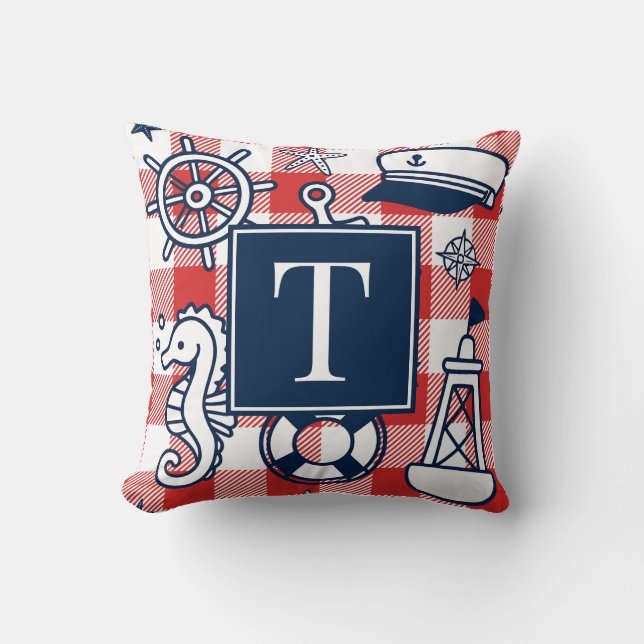 Nautical Doodles – Red & Navy Gingham Monogram Throw Pillow (Front)