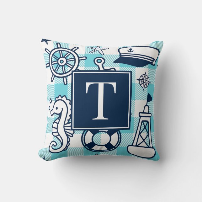 Nautical Doodles – Turquoise Navy Gingham Monogram Throw Pillow (Front)