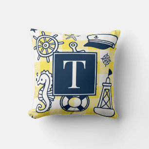 Nautical Doodles – Yellow & Navy Gingham Monogram Throw Pillow