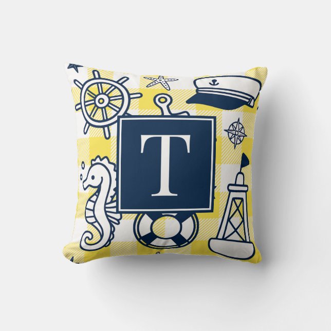 Nautical Doodles – Yellow & Navy Gingham Monogram Throw Pillow (Front)