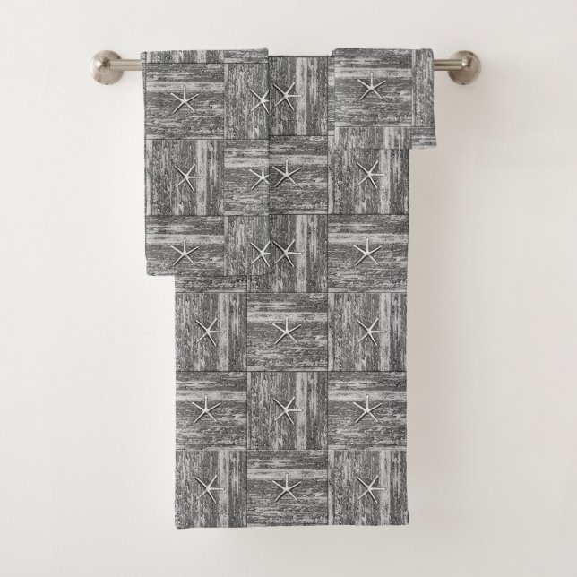 Nautical Driftwood Starfish Pattern Gray & White Bath Towel Set (Insitu)
