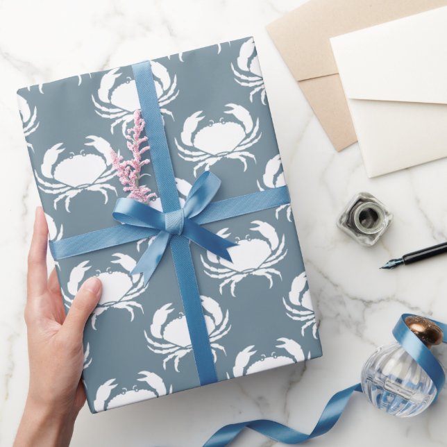 Nautical Dusty Blue White Crab Wrapping Paper (Gifting)