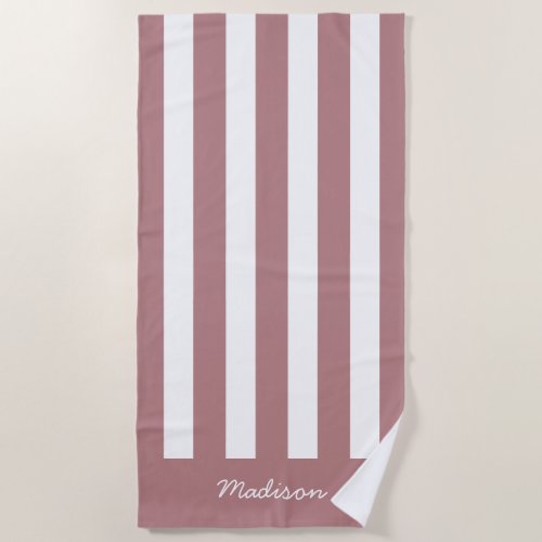 Nautical Dusty Pink  White Striped Custom Name Beach Towel