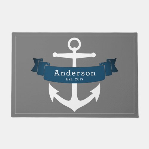 Nautical Elegant Blue Ribbon Banner  White Anchor Doormat