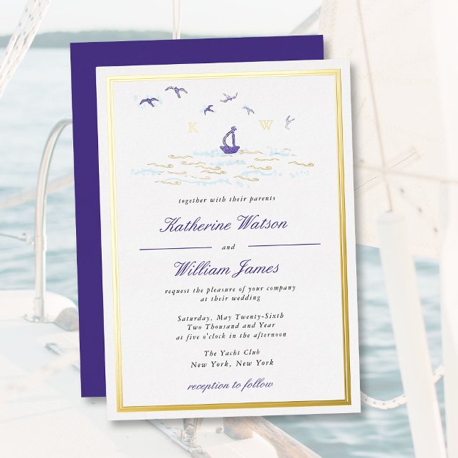 Nautical Elegant Boat Ocean Print Elegant Wedding  Foil Invitation (Creator Uploaded)
