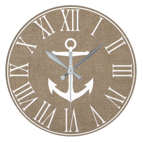 Nautical Elegant Faux Burlap & White Anchor Large Clock