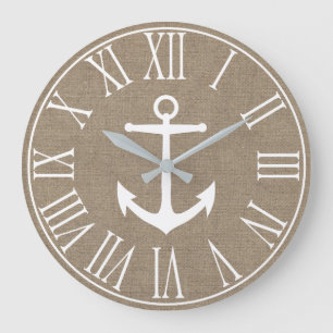 Nautical Elegant Faux Burlap & White Anchor Large Clock