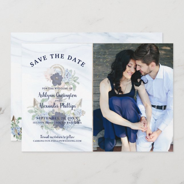 Nautical Elegant Floral Anchor Navy Photo Wedding Save The Date (Front/Back)