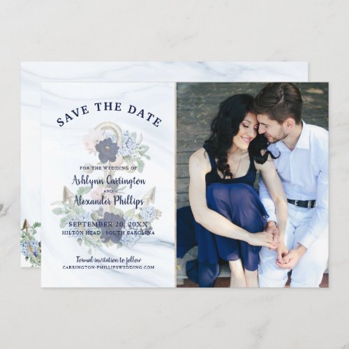 Nautical Elegant Floral Anchor Navy Photo Wedding Save The Date