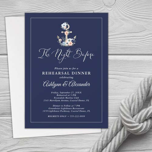 Nautical Elegant Floral Anchor Navy Rehearsal Invitation