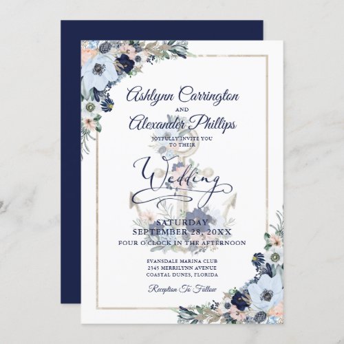 Nautical Elegant Floral Anchor Wedding Invitation
