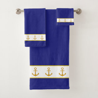 Nautical, Elegant, Golden Anchors on White & Blue Bath Towel Set