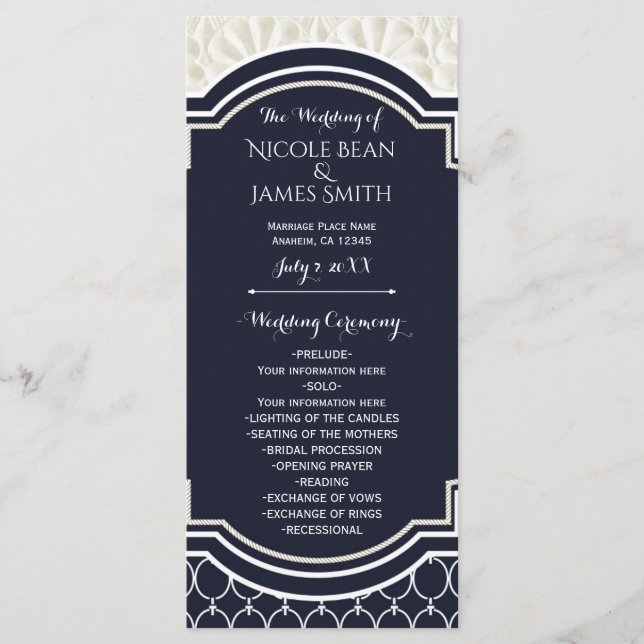 Nautical Elegant Navy White Beach Wedding Program (Front)