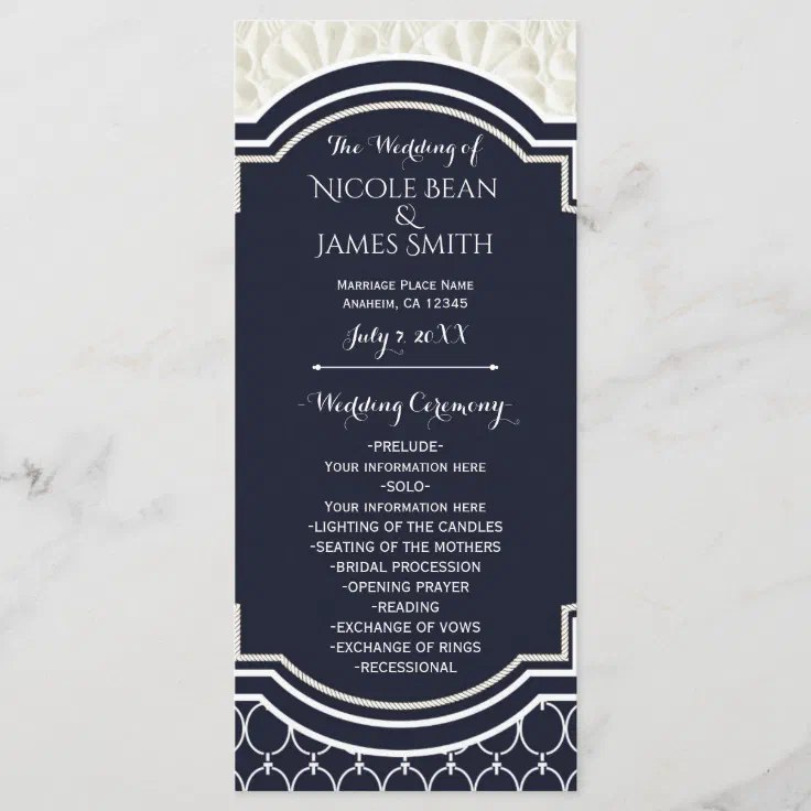 Nautical Elegant Navy White Beach Wedding Program Zazzle