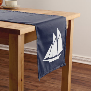 Nautical Elegant White Sailboat & Navy Blue Short Table Runner