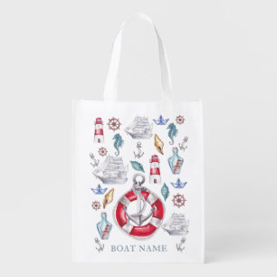 Nautical elements Watercolor Personalized Grocery Bag