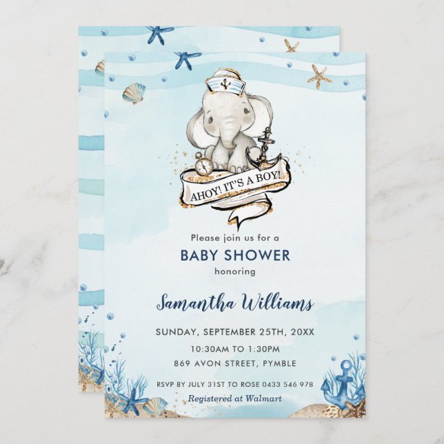 Nautical Elephant Ahoy It's a Boy Baby Shower Invitation (Front/Back)