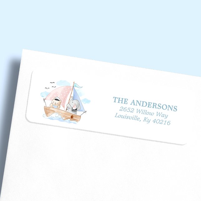 Nautical Elephant Bear Boat Baby Shower Address Label (Creator Uploaded)