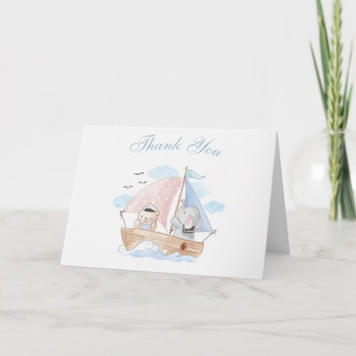 Nautical Elephant Bear Boat Baby Shower Thank You Card