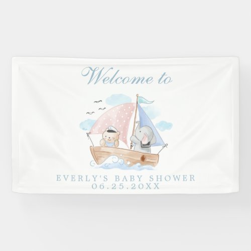 Nautical Elephant Bear Watercolor Boat Baby Shower Banner